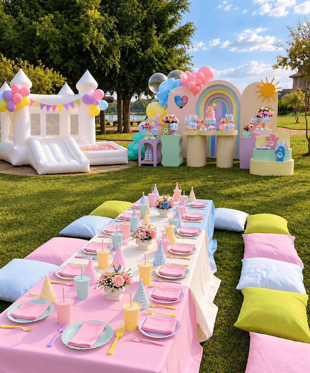 Colorful kids party setup with balloon decor and a bounce house